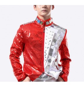 Red White mirror diamond patchwork fashion men's male motor cycle jazz hip hop stage performance singer dancing tops jackets coats